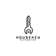 creative key wrench with house in style linear logo design, house key reparation logo, modern save house vector template conceptual