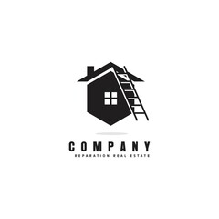 simple house with ladder logo design, creative business reparation real estate logo concept, black and white roofing repairs vector template