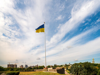 Biggest National Flag of Ukraine on tall flagpole in dowmtown of Kyiv, capital of Ukraine
