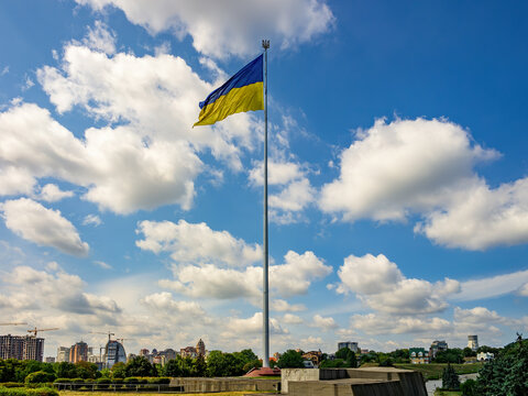 Biggest National Flag of Ukraine on tall flagpole in dowmtown of Kyiv, capital of Ukraine