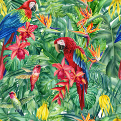 Seamless pattern of tropical leaves, flowers and macaw parrots, jungle background, watercolor painting