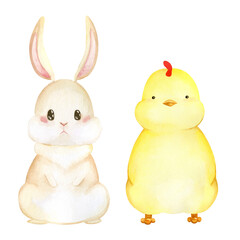 watercolor rabbit and chick set for easter and baby