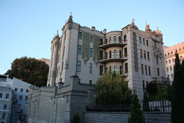 House with chimeras in Kiev, Ukraine. Art Nouveau building with sculptures of mythical animals