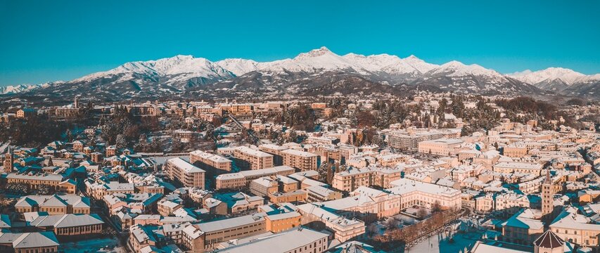 Biella Panoramic Winter View, Drone shot Italy, Biella