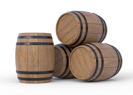 Wooden barrels isolated on white background. 3d rendering 3d illustration
