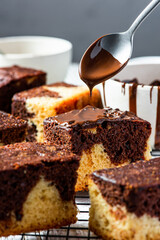 Chocolate marble cake square pieces. Serwing sweet dessert