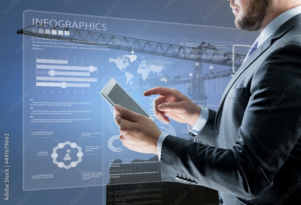 Poster businessman hands using tablet with networking security information technology global with innovatio