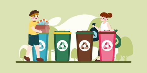 People separate garbage in trash bins, Waste Sorting Activity, World Environment Day, Vector, Illustration