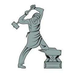 A strong blacksmith with a hammer hits the anvil. Logo emblem for the company. Vector illustration.