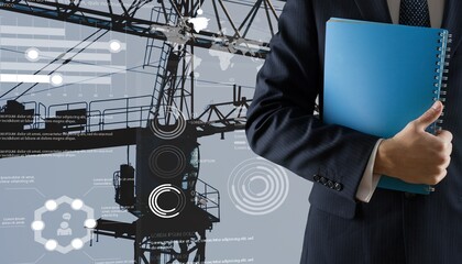 Businessman hands using tablet with networking security information technology global  with innovation icon virtual screen, Digital and construction cranes on city background.