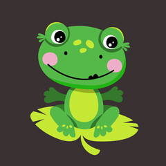 A cute Green Frog is sitting on a lotus leaf. Isolated vector illustration 