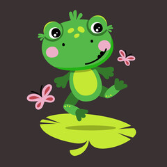 Cute cheerful Green Frog jumps next to butterflies. Isolated vector illustration 
