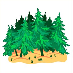 painted green pines and fir trees grow on the sand in a dense forest