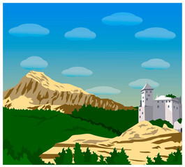 beautiful mountain landscape of sand and stones mountains forest and castle on a blue sky background