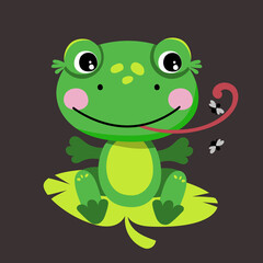 Cute Frog catches flies. Isolated vector illustration