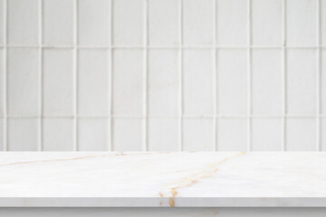 Empty white marble table top with blur tile wall bathroom background