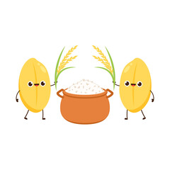 Rice character design. rice vector on white background. Paddy vector. Cooking rice in earthen pot. Earth pot vector.