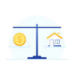 Gold coin and house logo design. Coin cartoon vector on blue background. Gold coin and house scales.