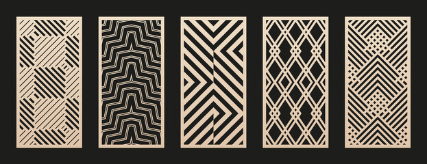 Laser cut patterns collection. Vector set with abstract geometric ornament, lines, chevron, stripes, squares, grid. Decorative stencil for laser cutting of wood panel, metal, plastic. Aspect ratio 1:2 - obrazy, fototapety, plakaty