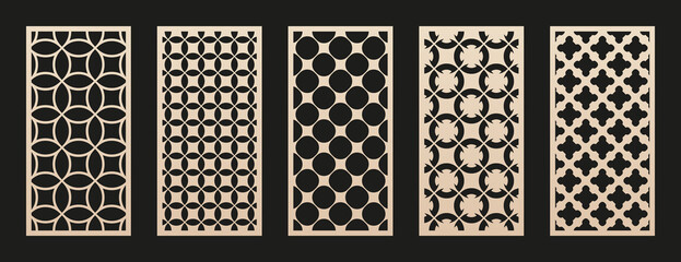Laser cut patterns. Vector set of oriental geometric ornaments with grid, mesh, circles, flower silhouettes. Elegant template for cnc cutting, decorative panels of wood, paper, metal. Aspect ratio 1:2