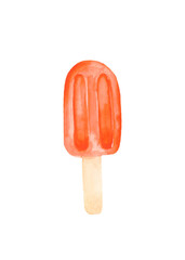Bright popsicle on a stick, isolated on a white background. Watercolor drawing for the design and decoration of postcards and posters on food and desserts.