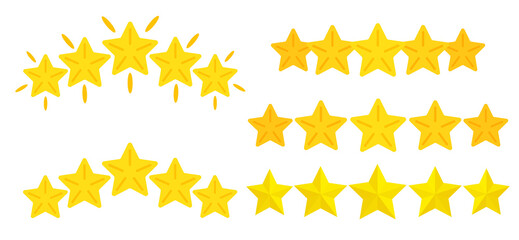 A set of five yellow rating stars. Evaluation concept. Vector image isolated on white background