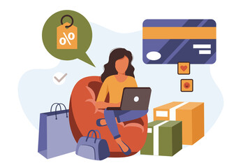 Online shopping in flat design. People choose goods and pay for purchases on site, collection of scenes. Vector illustration for blogging, website, mobile app, promotional materials.