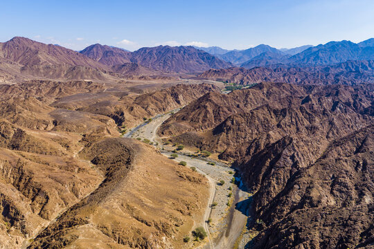 Aerial view of Wadi Shawqa, a canyon in the desert near Dubai, United Arab Emirates.