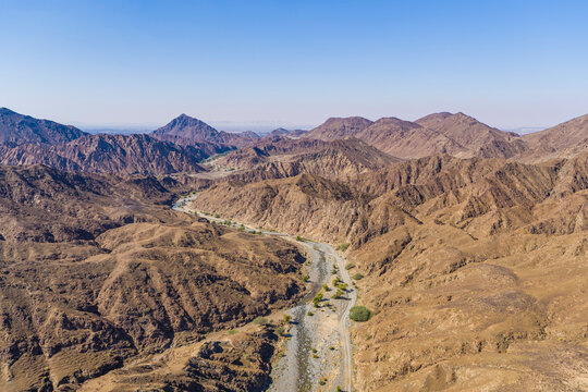 Aerial view of Wadi Shawqa, a canyon in the desert near Dubai, United Arab Emirates.