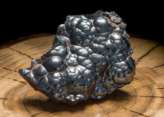 Kidney resembling hematite rock with its undulated metallic surface. Botryoidal iron oxide crystal mineral. A solid mass of lustrous kidney ore hematite - obrazy, fototapety, plakaty