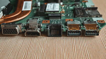 motherboard, laptop repair and maintenance, usb connectors, internet connector, hdmi, dvi, close-up