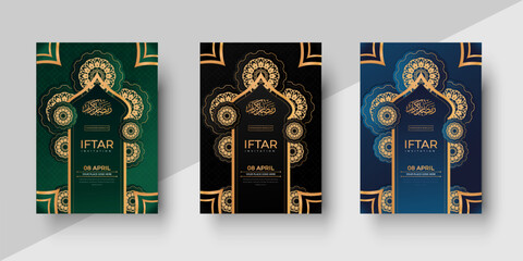 Ramadan Kareem 3 color variation set of posters or invitations design with 3d paper ,gold and violet background. Vector illustration. Place for text. 