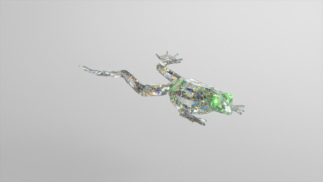 Jumping diamond frog. The concept of nature and animals. Low poly. White color. 3d illustration