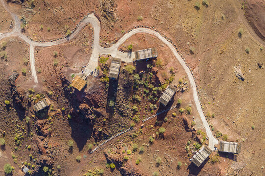 Aerial view of bungalow among the rocky hills in Hatta, Dubai, United Arab Emirates.