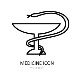 Outline vector icon  - symbol of healthcare - bowl with snake. Medical drawing.