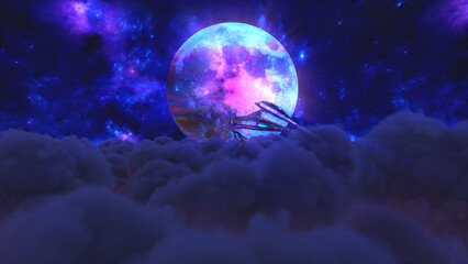 Diamond dolphins jump out of the clouds against the backdrop of the moon. Blue color. 3d illustration