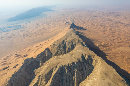 Aerial view of Fossil Rock in the desert, Dubai, United Arab Emirates.