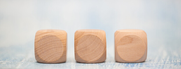 3 blank wood cube mock up in horizontal shape on isolated background for create letter or symbol, business, banner, advertising concept, banner size with copy space
