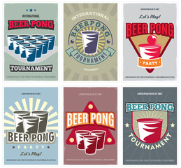 Beer Pong Tournament posters set. Retro collection of colored Beer Pong elements and Icons.