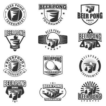 Beer Pong Tournament 12 monochrome badges set. Retro collection of monochrome Beer Pong elements and Icons.