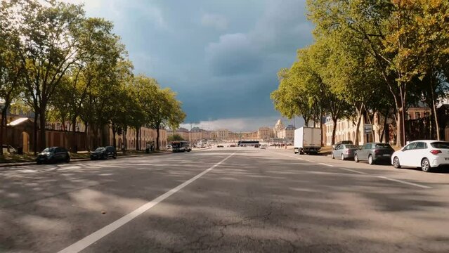 Point of view car driving towards Palace of Versailles Paris streets architecture view, Paris France 