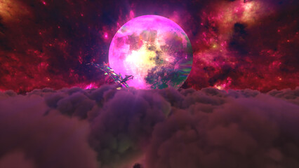 Diamond dolphins jump out of the clouds against the backdrop of the moon. Red color. 3d illustration