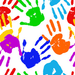 Colorful hand imprints. Seamless pattern. Vector