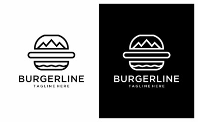 Burger icon design template. Flat hamburger logo background. Line street fast food symbol illustration. on a black and white background.