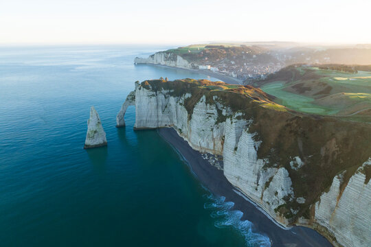 Aerial view of Etretat's peak at Manneporte and Amont gate Etretat, France.