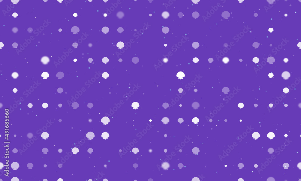 Poster seamless background pattern of evenly spaced white sea shell symbols of different sizes and opacity.