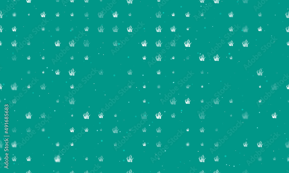 Poster seamless background pattern of evenly spaced white seaweed symbols of different sizes and opacity. v