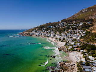 Aerial view of Clifton beach in summer, a Blue Flag beach, Cape Town, South Africa.