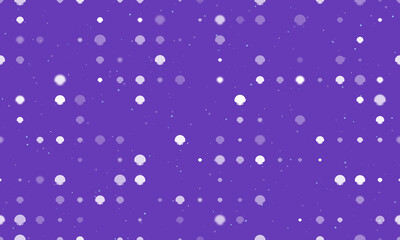 Seamless background pattern of evenly spaced white sea shell symbols of different sizes and opacity. Vector illustration on deep purple background with stars