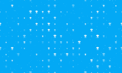 Seamless background pattern of evenly spaced white jellyfish symbols of different sizes and opacity. Vector illustration on light blue background with stars